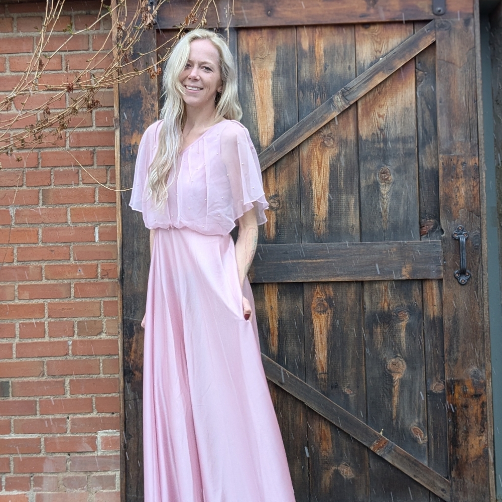 Vintage 70s Pink Pearl Shawl Collar Maxi Gown, Size S - Picture 3 of 16